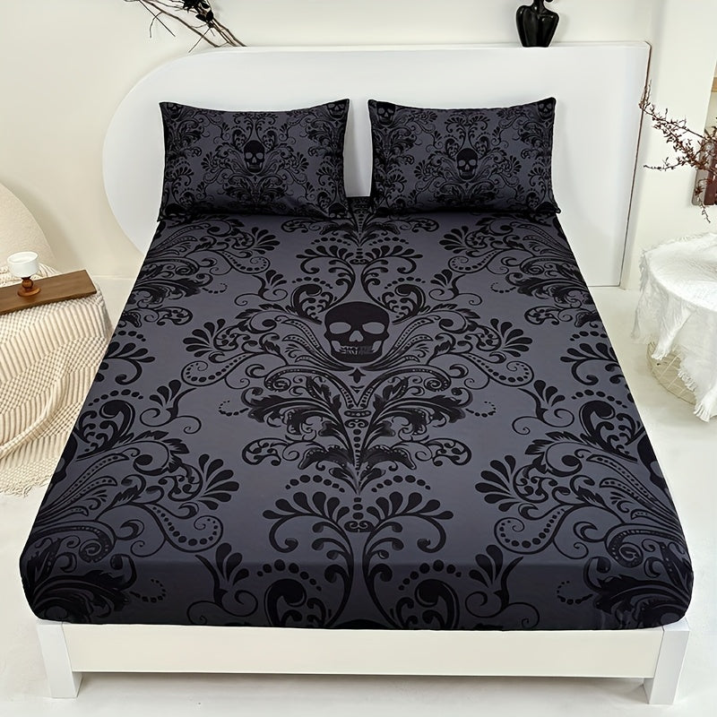 Gothic Skull Fitted Sheet Set 3-Piece – Victorian Baroque Black & Gray Skull Pattern, Deep Pocket 15", Machine Washable Hypoallergenic Bedding, Twin Full Queen King