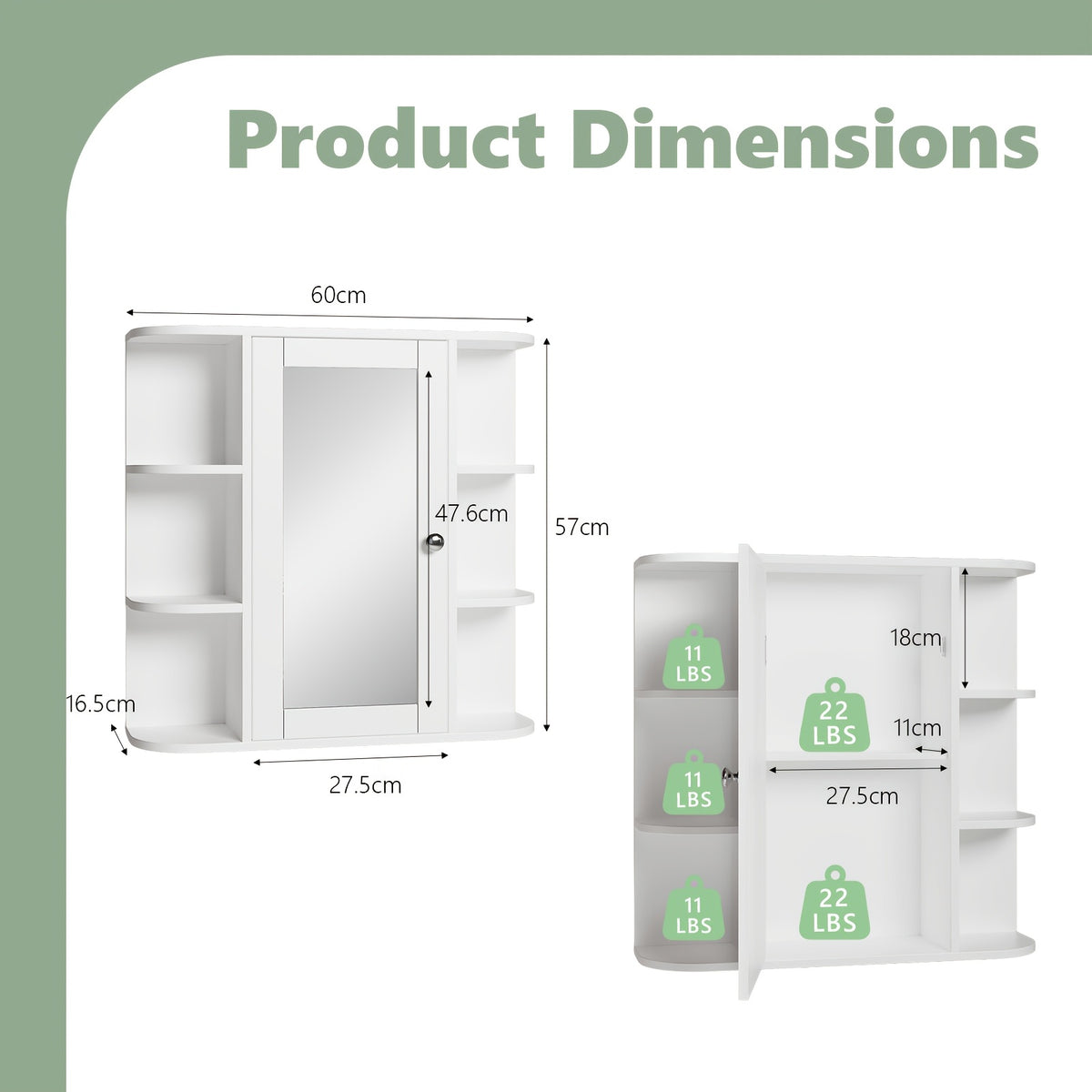 Wall Mounted Bathroom Medicine Cabinet with Mirror and 6 Open Side Shelves - White Wall Cabinet with Mirror for Bathroom Storage, Modern Medicine Cabinet Over Toilet or Vanity