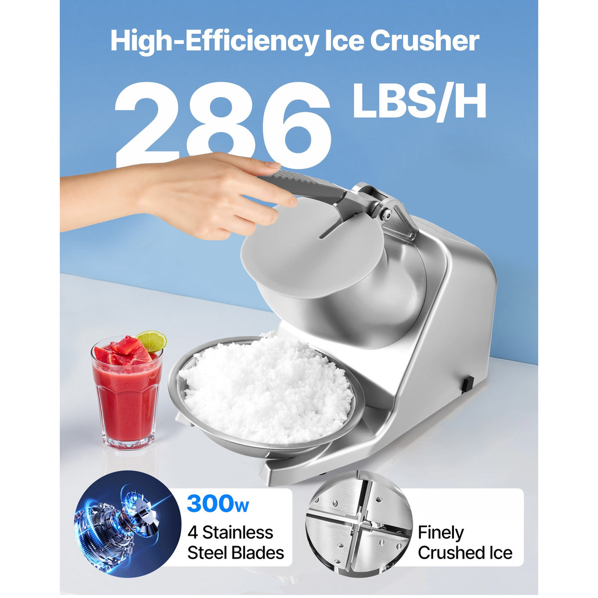 Electric Ice Crusher & Snow Cone Maker - 300W 286 lbs/h, 4 Stainless Steel Blades, One-Touch Operation, Anti-Splash, for Home Bar Office Kitchen | Nuvia Haven
