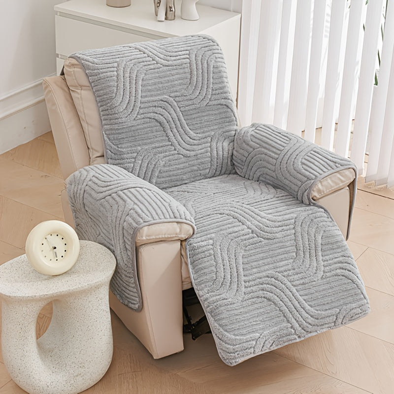 Bohemian Single Sofa Cover Non-Slip Short Plush Recliner Chair Protector Pet-Friendly Machine Washable Wavy Pattern Single-Seat Couch & Chair Slipcover