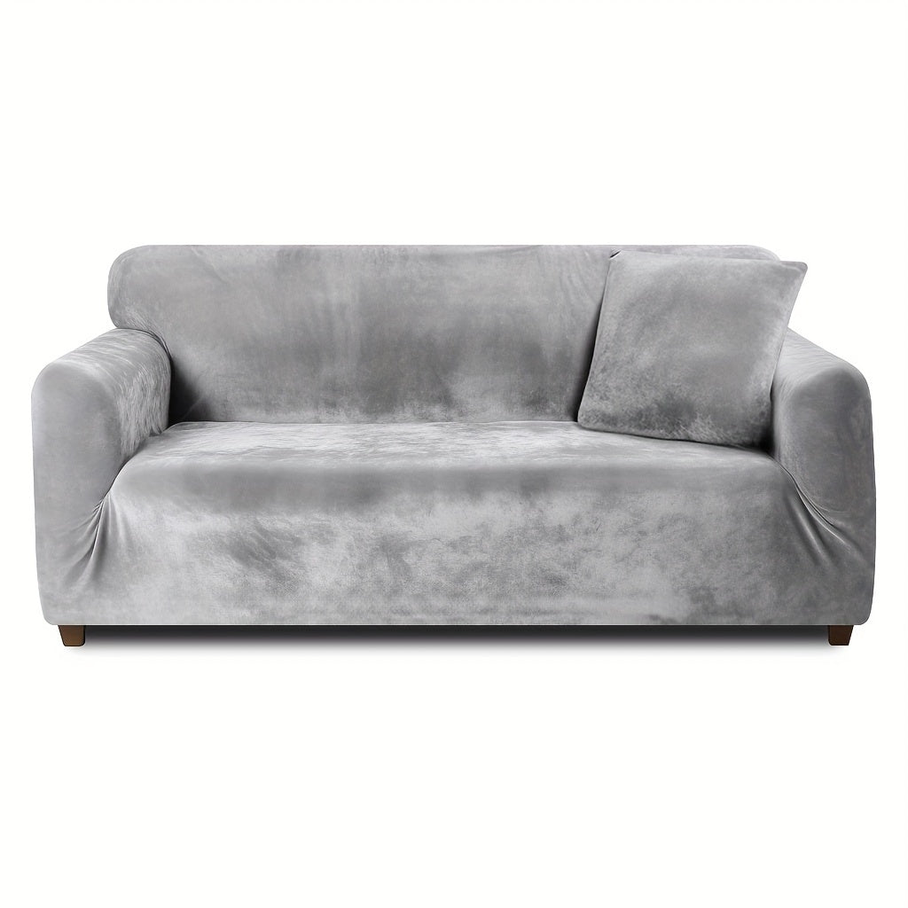 Velvet Stretch Sofa Cover Slipcover – Thick High-Elasticity Plush Couch Cover for L-Shape 1 2 3 4 Seater, Polyester Spandex Furniture Protector with Pillowcase for Living Room