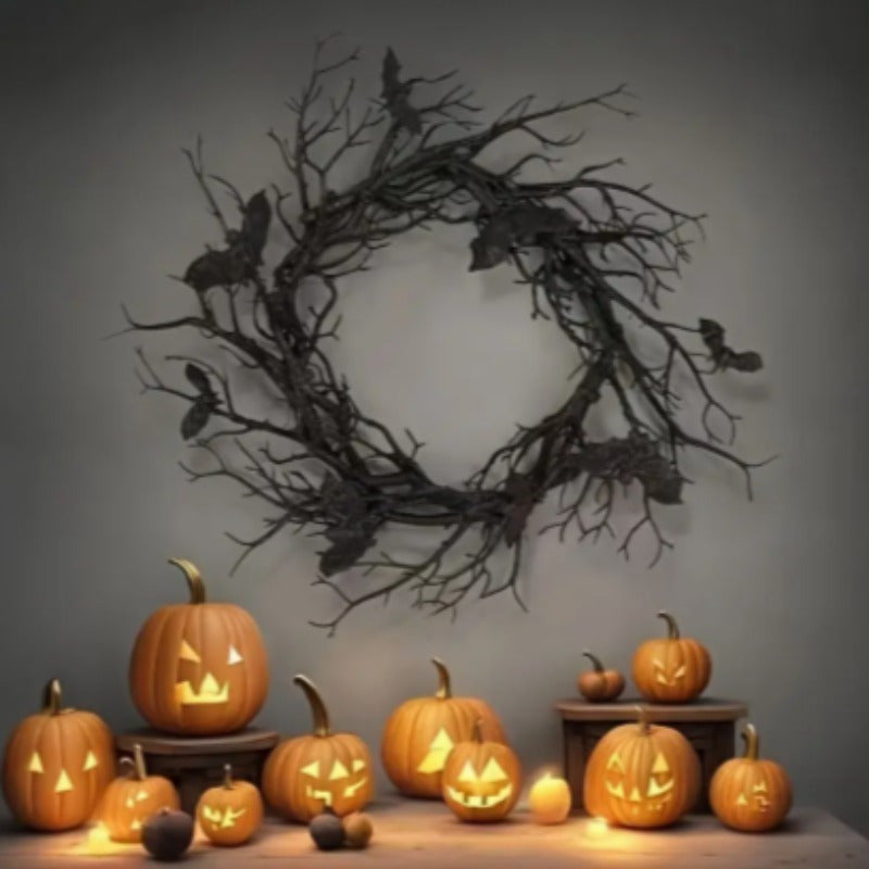 Halloween Wreath with Fake Raven – Spooky Black Hanging Wreath for Haunted House, Front Door & Fall Parties | Battery-Free Indoor & Outdoor Halloween Decoration for Day of the Dead & Thanksgiving