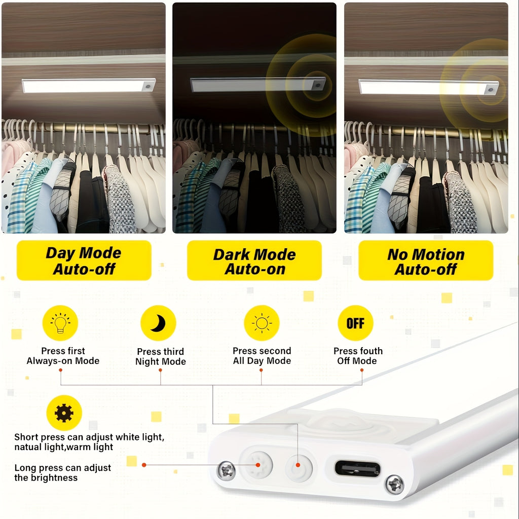 LED Motion Sensor Under Cabinet Lights USB-C Rechargeable - 3 Color Temperatures, Adjustable Brightness, Magnetic Stick-On, for Kitchen Cabinet Closet Wardrobe Stairs | Nuvia Haven