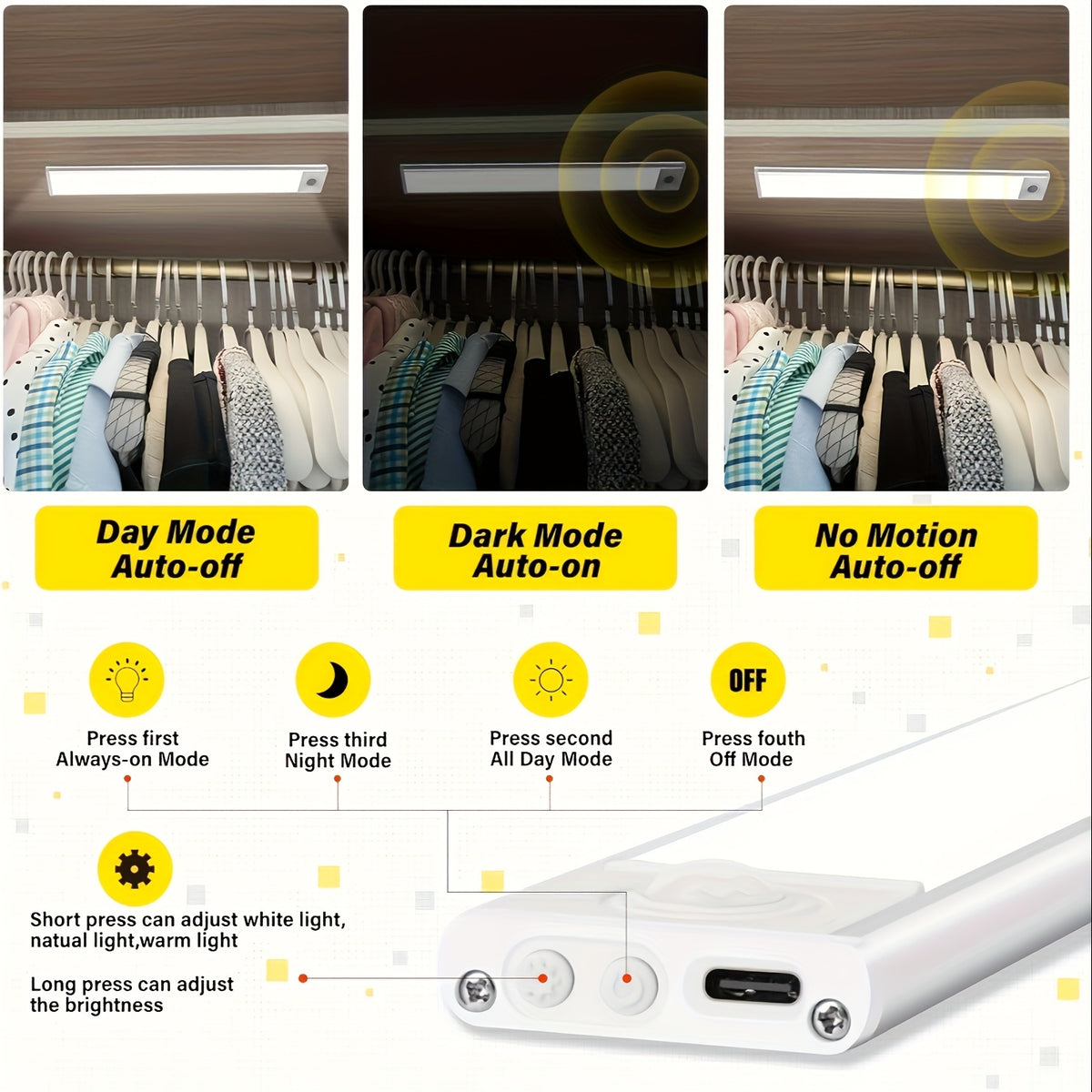 LED Motion Sensor Under Cabinet Lights USB-C Rechargeable - 3 Color Temperatures, Adjustable Brightness, Magnetic Stick-On, for Kitchen Cabinet Closet Wardrobe Stairs | Nuvia Haven