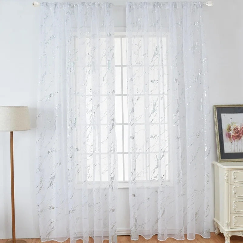 Marble Pattern Sheer Curtains Set of 2, Gold Silver Metallic Foil Semi-Sheer Rod Pocket Panels for Living Room Bedroom, 4 Sizes Available