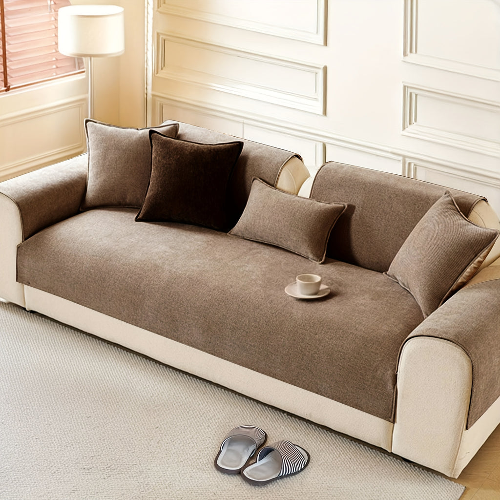 Chenille Sofa Cover for 3 4 Seater Washable Non-Slip Couch Cover Pet Friendly Furniture Protector Gray Brown Living Room