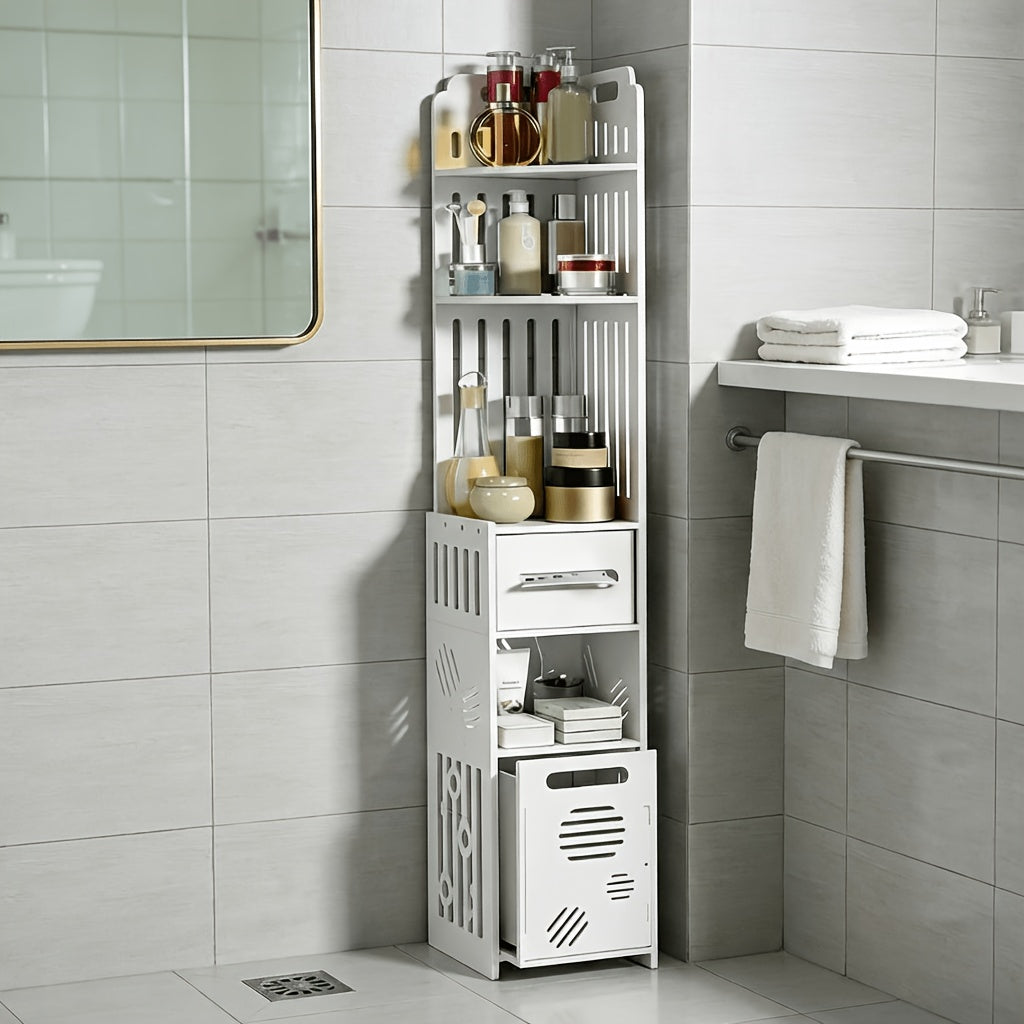 47-Inch Slim Floor Bathroom Storage Cabinet with Toilet Paper Holder & Hidden Trash Can – Narrow PVC Space-Saving Organizer Shelf for Small Bathroom, Apartment, Dorm, Kitchen, Laundry Room & Entryway