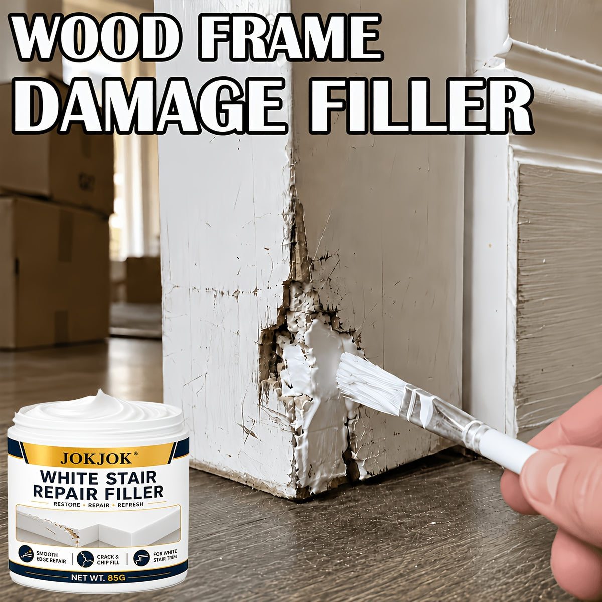 White Wood Repair Paste for Door Frames, Trim & Furniture Edges, Covers Chips, Scuffs & Surface Damage for a Smooth Clean Finish, Wood Frame Filler for Walls, Baseboards & Molding