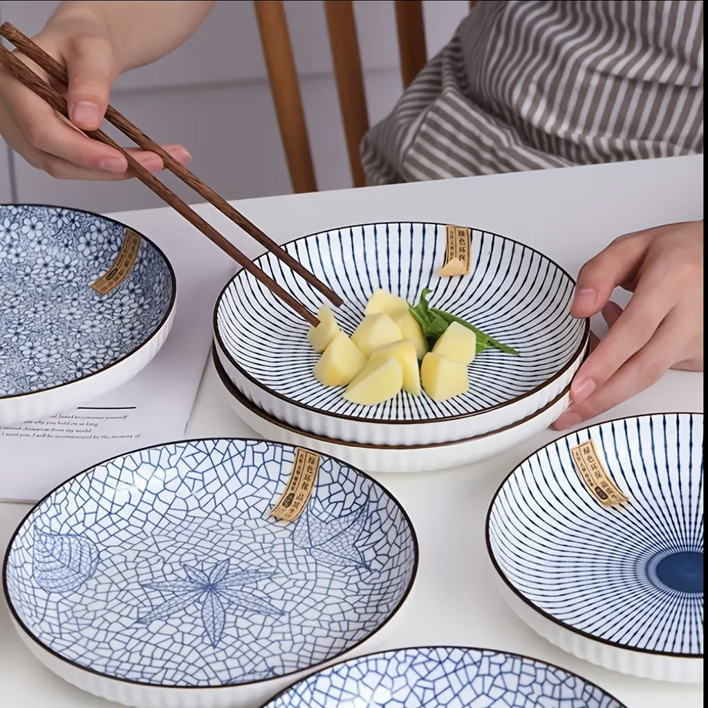Nordic Ceramic Dinner Plates 8-Inch Set of 4 – Yamada Pattern & Springlight Stripe Serving Plates Underglaze Color Non-Slip Edge Round Steak Plate for Home Kitchen Dining