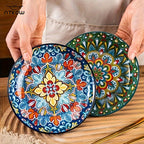 Bohemian Underglaze Ceramic Plate Set 6-Piece – 6 Inch Hand-Painted Shallow Plates for Fruits, Appetizers & Side Dishes | Lightweight & Microwave Safe Boho Dinnerware