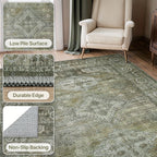 Sage Green Runner Rug Machine Washable Non-Slip - Boho Vintage Distressed Low Pile Flat Rug for Hallway Kitchen Entryway, Ultra-Thin Under-Door Fit, 11 Sizes