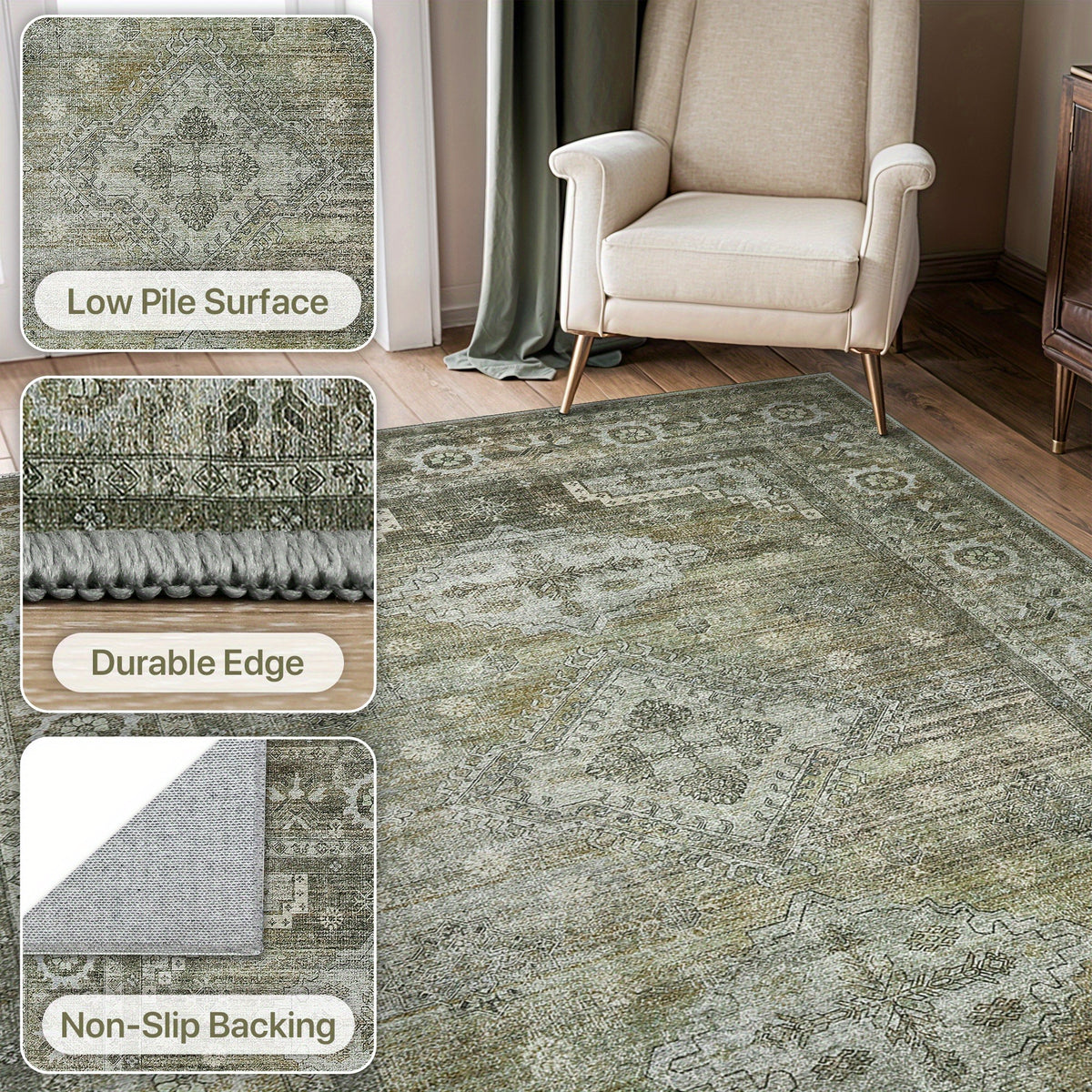 Sage Green Runner Rug Machine Washable Non-Slip - Boho Vintage Distressed Low Pile Flat Rug for Hallway Kitchen Entryway, Ultra-Thin Under-Door Fit, 11 Sizes