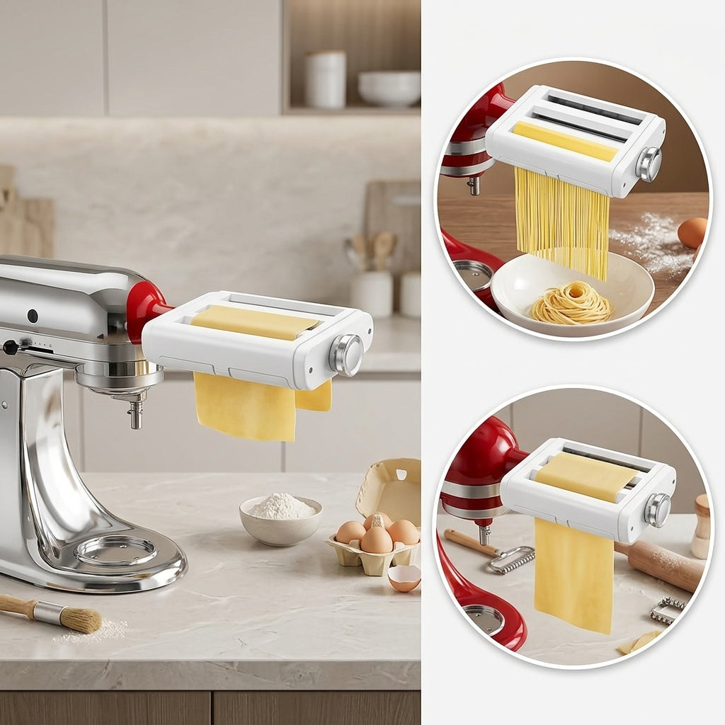 3-in-1 Stainless Steel Pasta Maker Attachment for Stand Mixers – Homemade Spaghetti, Fettuccine & Noodle Making Kit