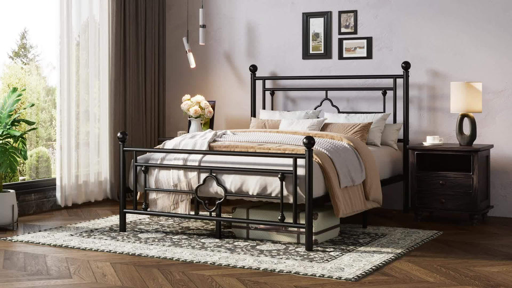Metal Platform Bed Frame with Vintage Iron Art Headboard Footboard No Box Spring Needed Under Bed Storage Twin Full Queen King Black White Pink Gold