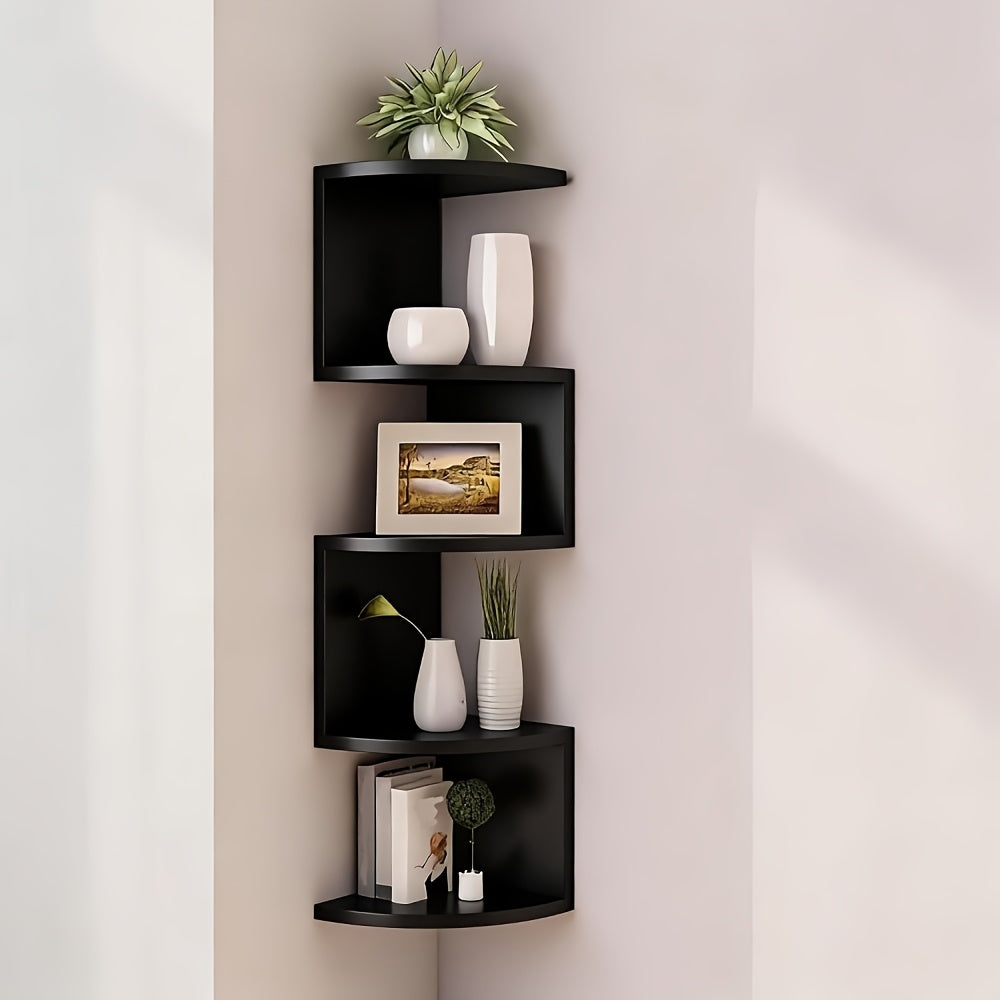 Floating Corner Wall Shelf 3 or 5-Tier, Wall Mounted Storage Rack for Living Room, Bedroom, Kitchen, Bathroom & Office, Easy Install Decorative Corner Shelves, White or Black, 1 or 2 Pieces