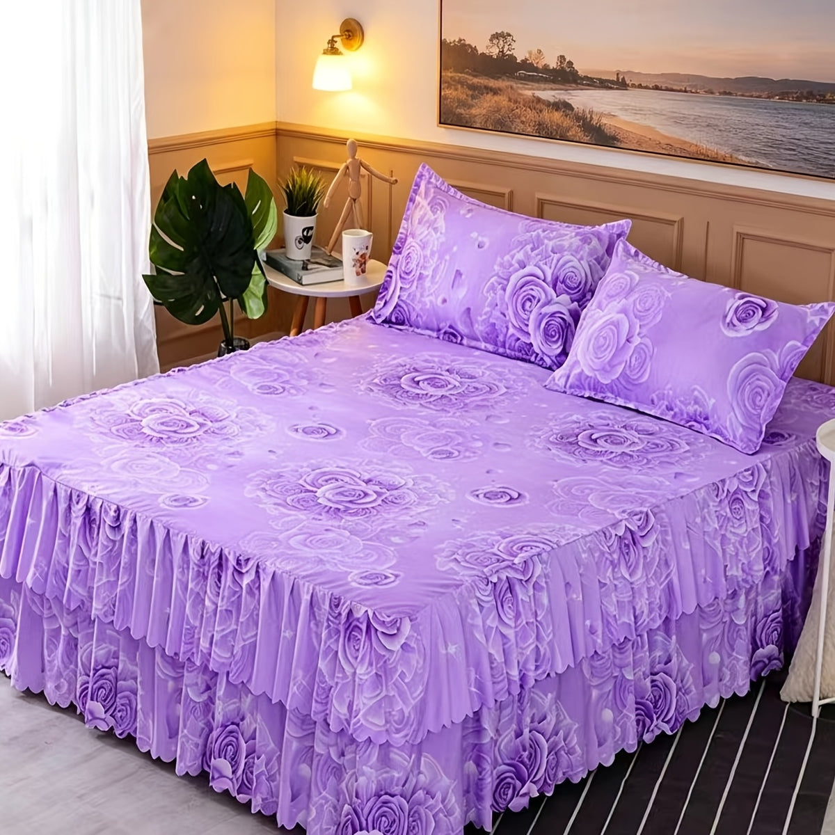 3-Piece Floral Bed Skirt Set with 2 Pillowcases, Non-Slip Lace Ruffle Bed Skirt, All-Season Polyester Bedding, Machine Washable, Bedroom & Guest Room Decor in Pink Rose, Purple Rose, Peony & More