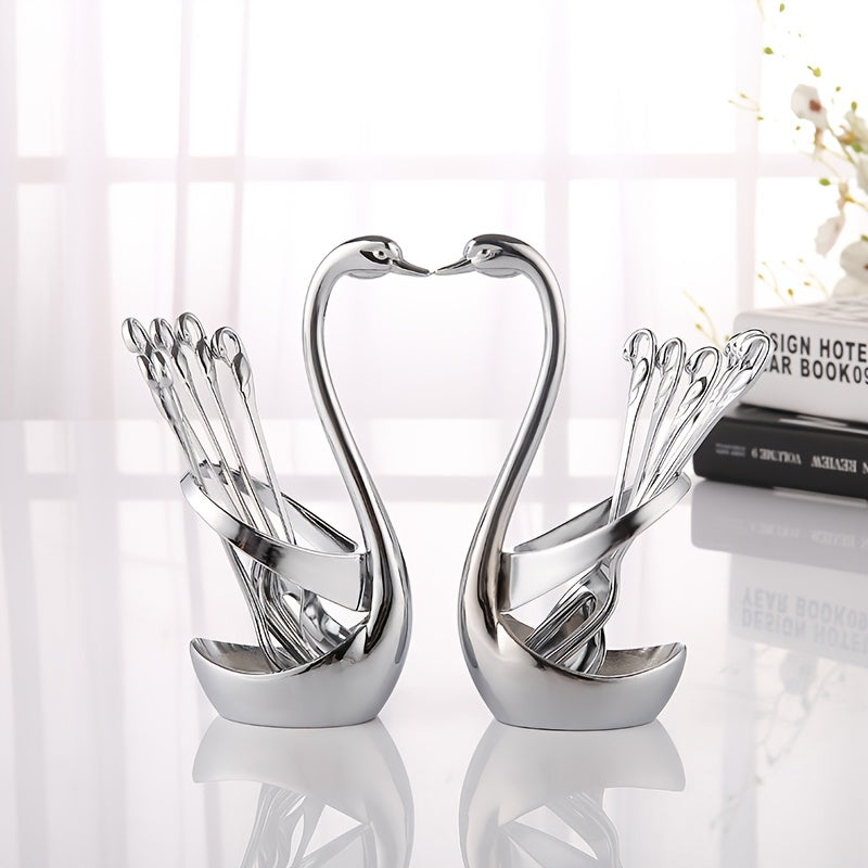Swan-Shaped Stainless Steel Cutlery Rack with Fork & Spoon Set 7-Piece – Elegant Decorative Silverware Holder for Holiday Table Decor, Christmas, Halloween & Gifts