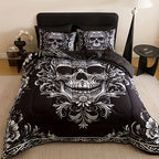 Skull Quilt Set 3 Pcs – Black & Gray Digital Print Comforter with 2 Pillowcases, 180GSM Soft Breathable Bedding for Twin Full Queen King Dorm & Bedroom Decor