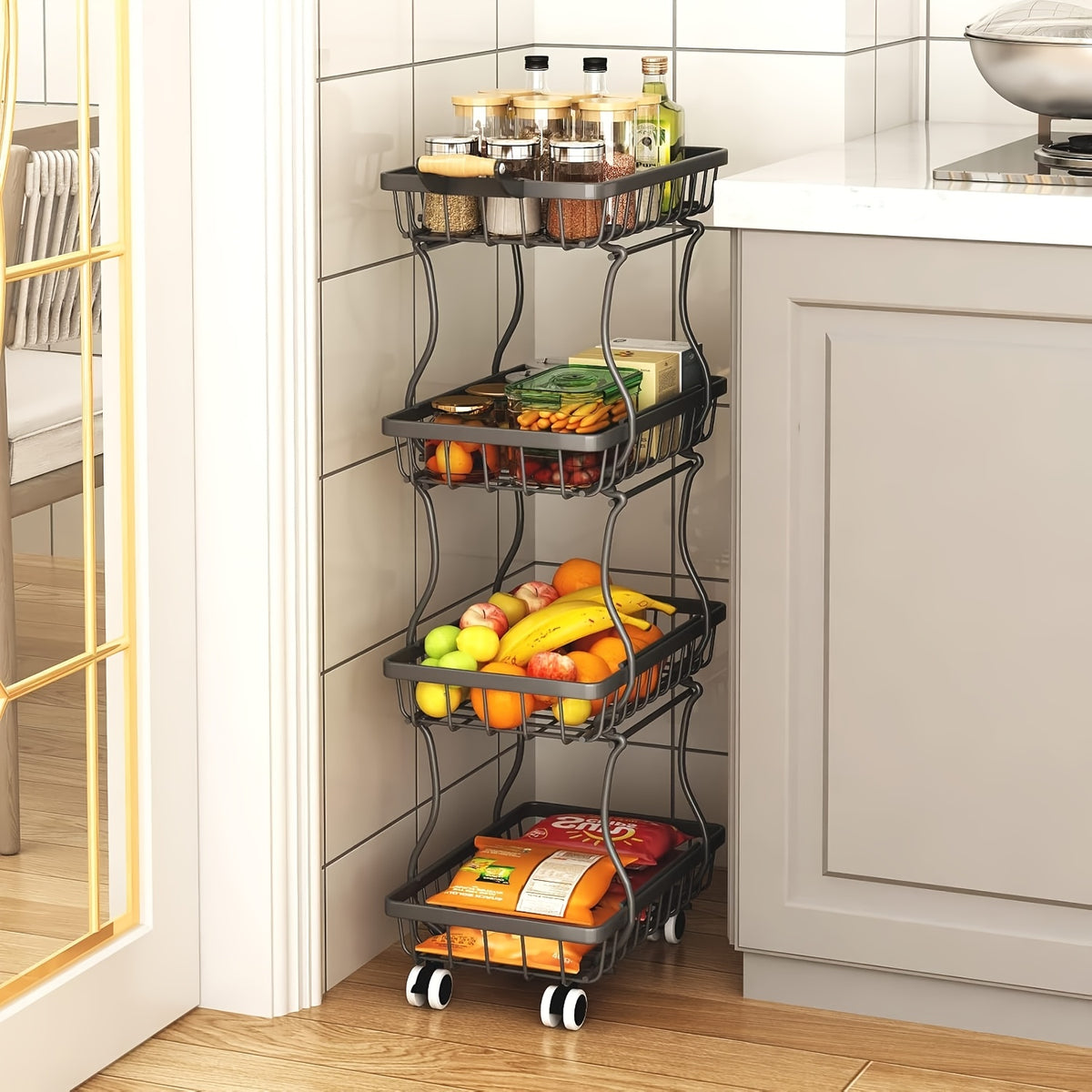Fruit and Vegetable Basket Storage Cart with Wheels 4-Tier & 5-Tier Stackable Metal Rolling Produce Rack for Kitchen Pantry Bathroom Corner