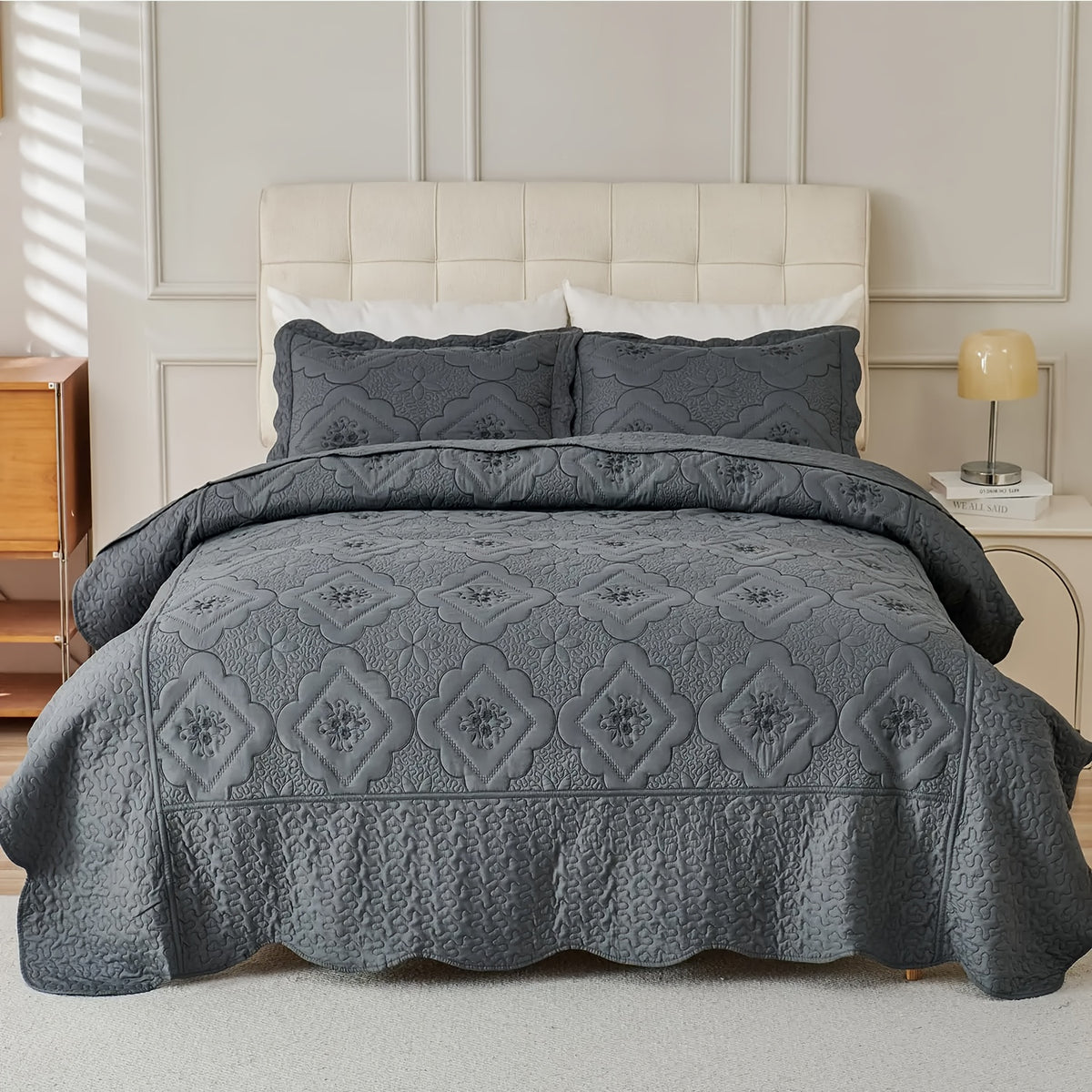 Quilted Embroidered Bedspread Set 3 Pcs – Floral Embroidery, 100% Polyester, Wrinkle-Resistant Lightweight Coverlet for Queen & King Bedroom Decor, 16 Colors
