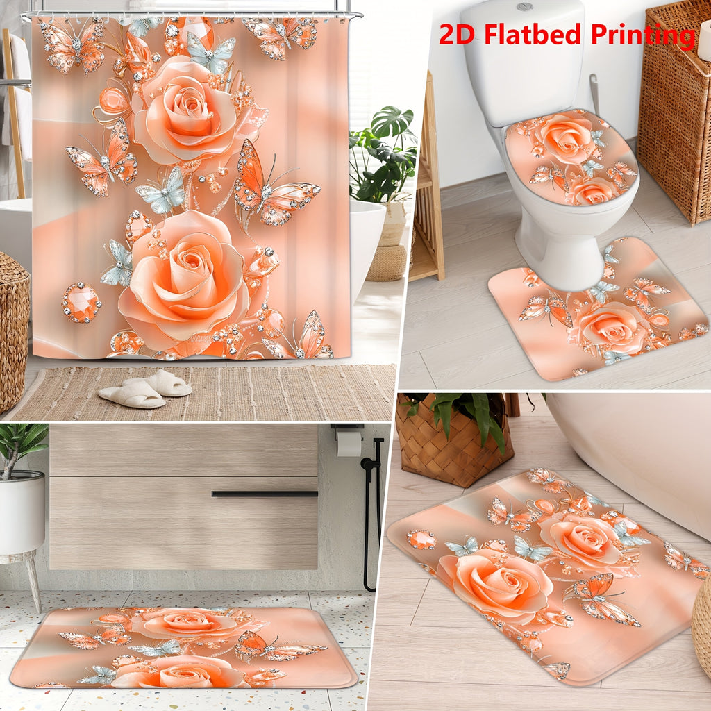 Flower Shower Curtain Set 4pcs – Abstract Floral Bathroom Curtain with 12 Hooks, Bath Mat, U-Shape Mat & Toilet Seat Cover, Modern Bathroom Decor
