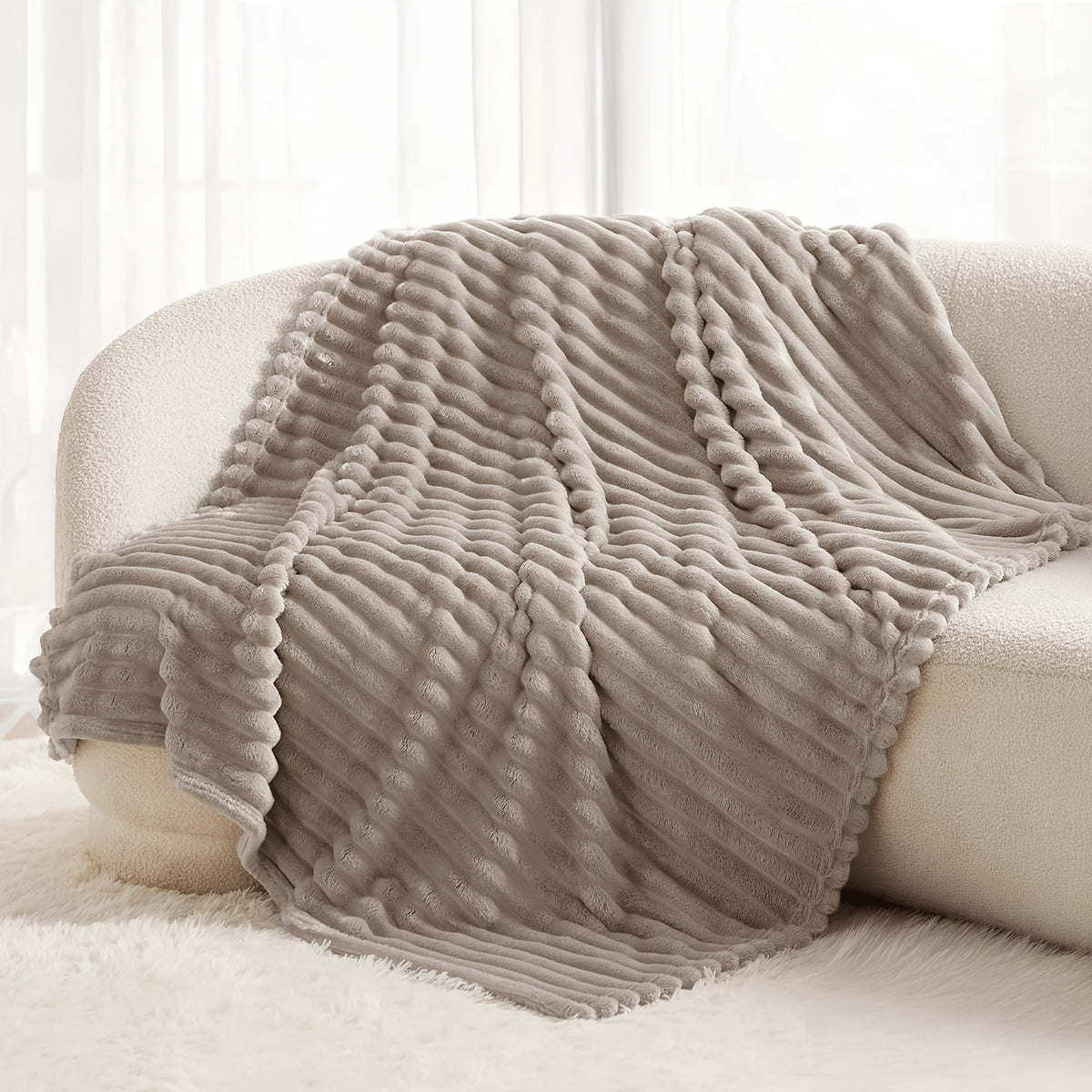 Faux Rabbit Fur Throw Blanket Ultra Soft Fluffy Striped Plush Blanket for Couch Bed Sofa Luxury Warm Winter Blanket Pink Light Brown