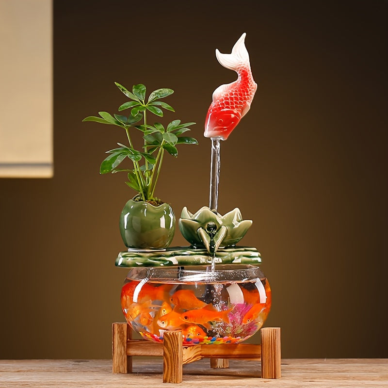 USB Powered Glass & Ceramic Fish Waterfall Desktop Fountain – Hanging Goldfish Design, Decorative Water Feature with Glass Fish & Plants for Living Room, Office & Zen Decor, Unique Gift