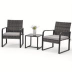 Rattan Bistro Set 3 Piece Outdoor Furniture with Coffee Table Steel Frame Cushions Garden Balcony Poolside Backyard Black Brown Gray