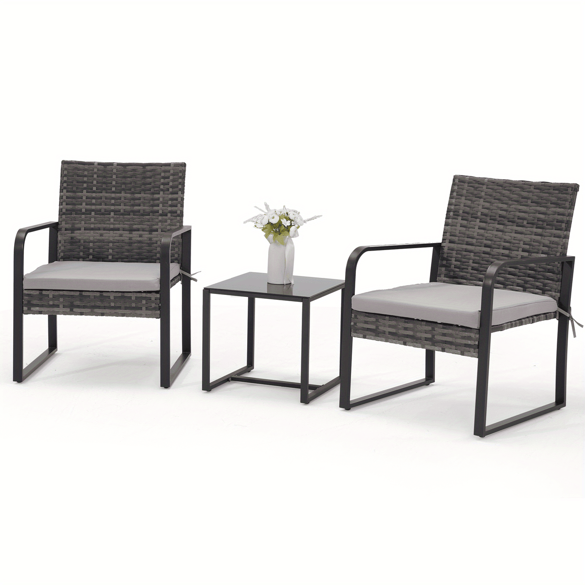 Rattan Bistro Set 3 Piece Outdoor Furniture with Coffee Table Steel Frame Cushions Garden Balcony Poolside Backyard Black Brown Gray