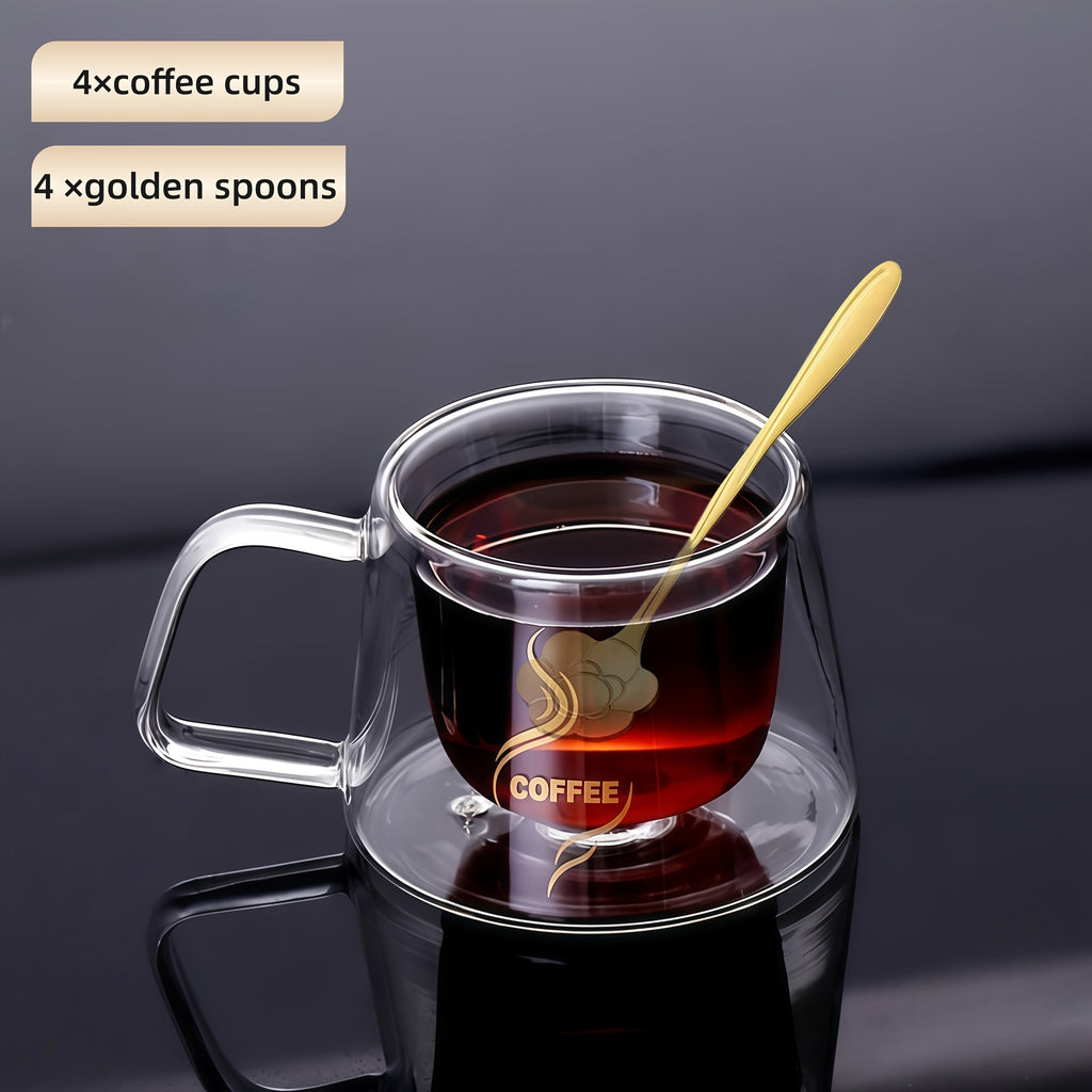 Double Wall Insulated Glass Coffee Cups Set of 4 with Golden Spoons | Transparent Hot Cold Drinkware for Home Office Coffee Shop