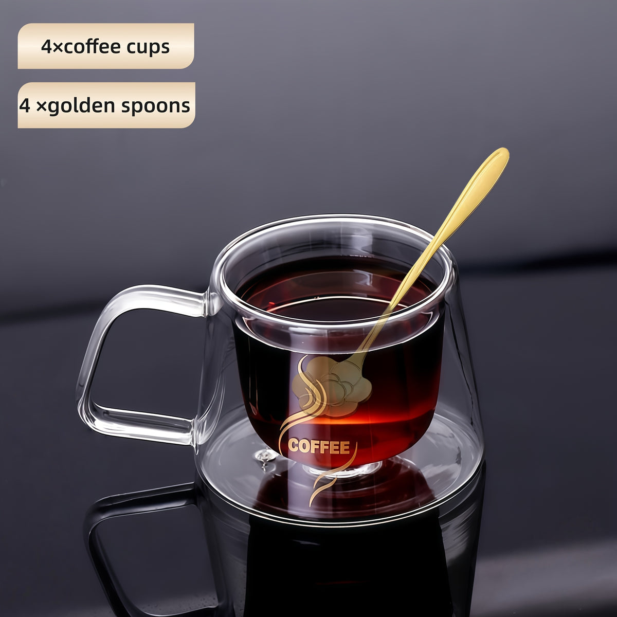 Double Wall Insulated Glass Coffee Cups Set of 4 with Golden Spoons | Transparent Hot Cold Drinkware for Home Office Coffee Shop