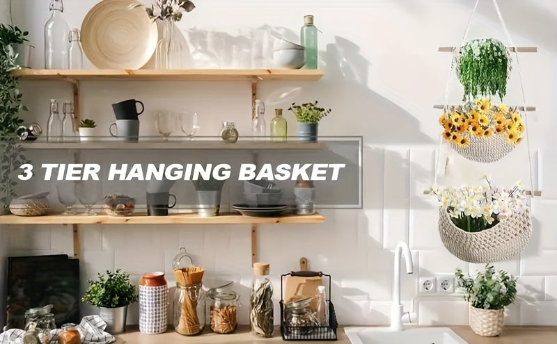 3-Tier Hanging Cotton Rope Basket - Boho Handwoven Wall Storage Organizer for Fruits, Vegetables & Essentials, Farmhouse Decor for Kitchen, Bathroom, Living Room & Bedroom