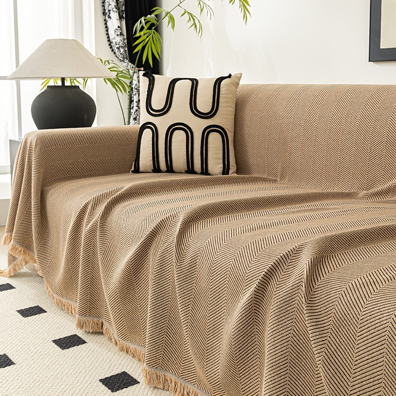 Herringbone Sofa Cover with Tassels – Washable Polyester Throw for 3-Seater, 4-Seater & Large Sofas | Grey, Coffee, Green