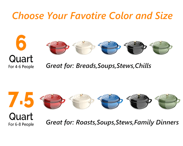 Dutch Oven 5QT 6QT 7.5QT Enameled Cast Iron Cookware with Lid Silicone Handles Oven Safe 500°F Bread Baking Stews Roasts Multiple Colors