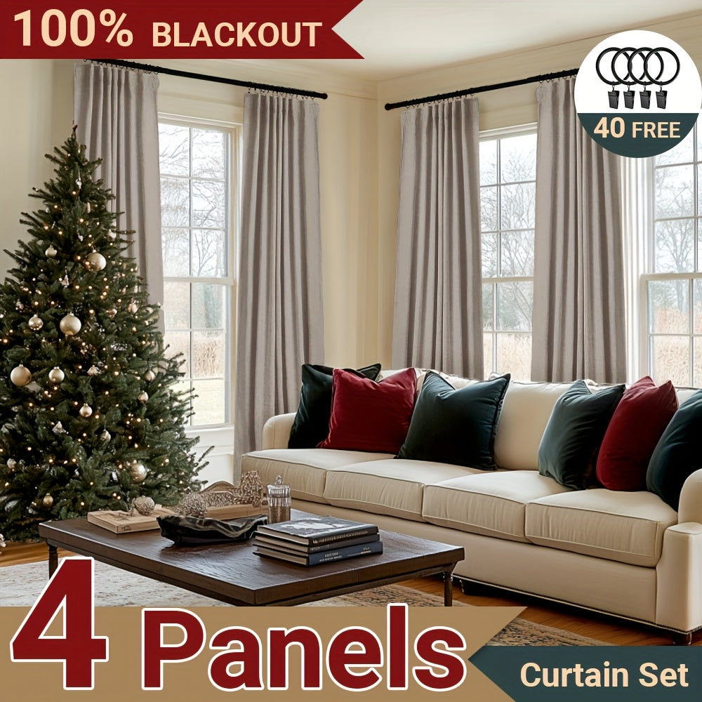 100% Blackout Faux Linen Curtains 4 Panels - Thermal Insulated Drapes with Clip Rings or Rod Pocket, Extra Wide 50" Panels for Bedroom Living Room, 10 Colors 4 Lengths