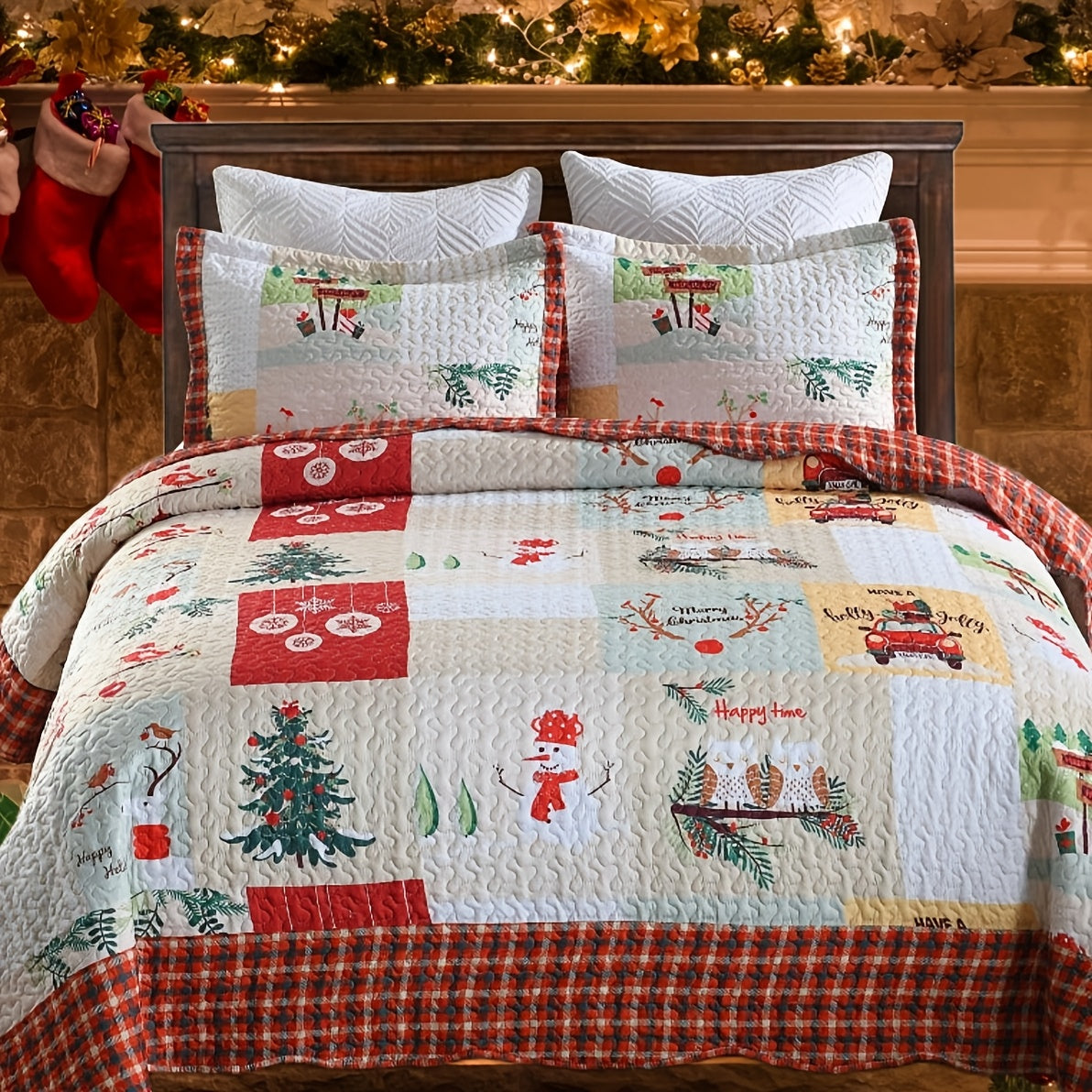 Christmas Quilt Set Queen King 3 Piece – Rustic Lodge Deer Snowman Snowflake Holiday Bedding Ensemble, Quilted Bedspread Coverlet with Pillow Shams, Machine Washable Lightweight Comforter