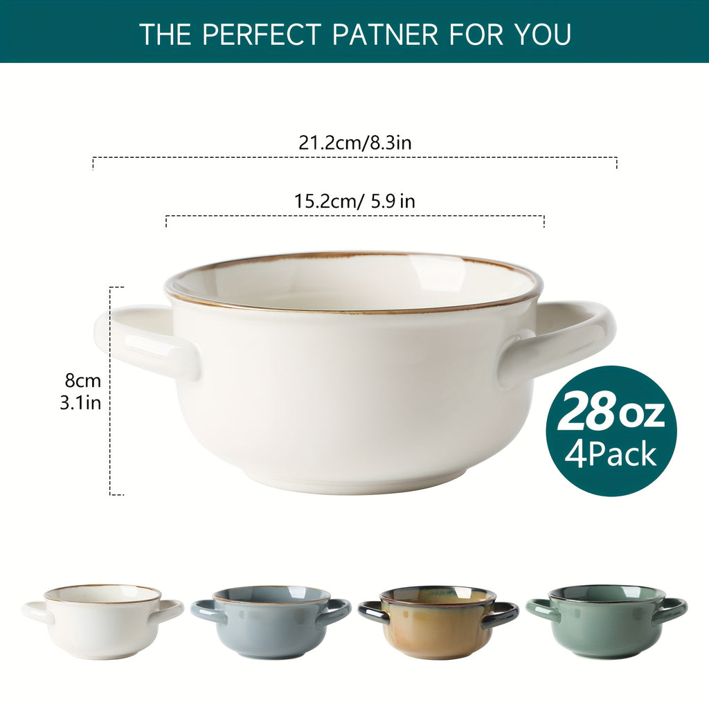 Colorful Ceramic Double-Handled Bowl Set Dopamine Style 28oz Extra-Large – Microwave & Dishwasher Safe for Soup, Salad, Pasta & Ramen – 2 or 4 Piece, Assorted Colors