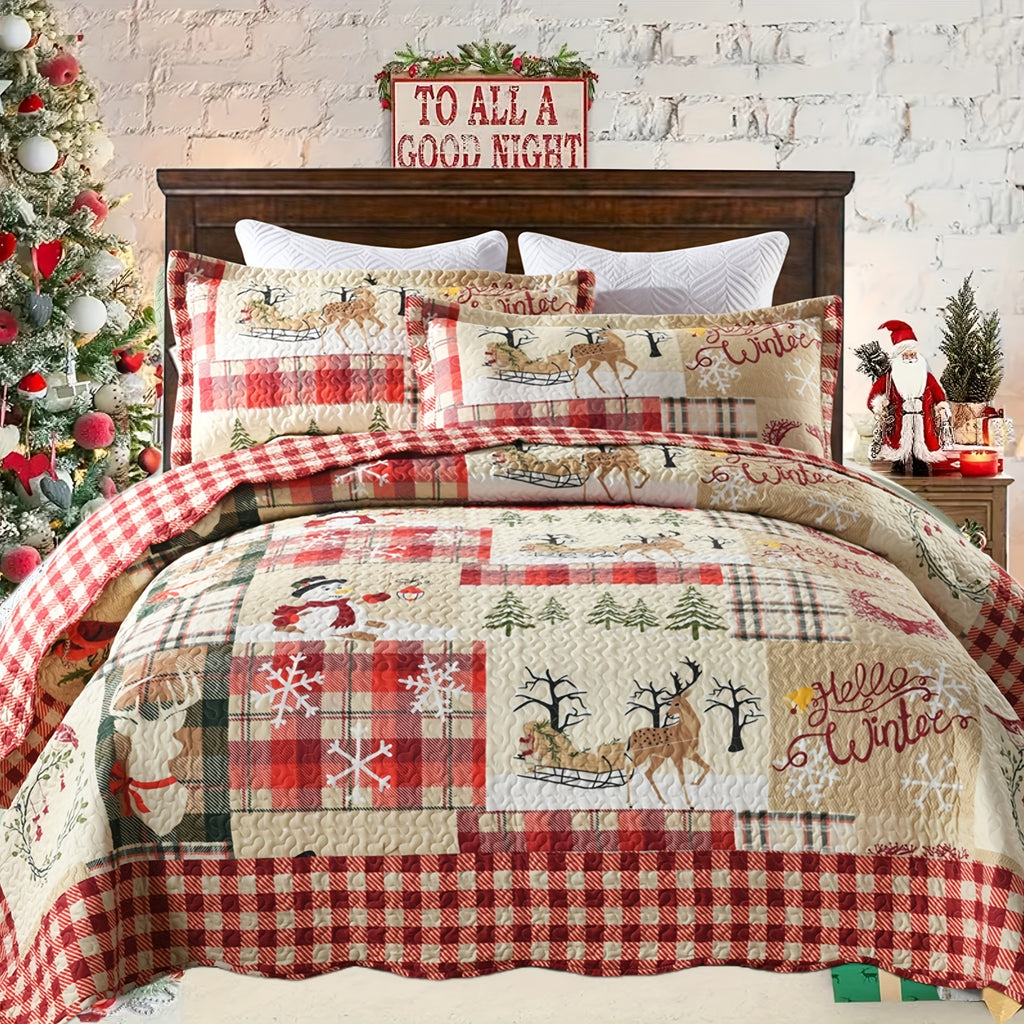 Christmas Quilt Set Queen King 3 Piece – Rustic Lodge Deer Snowman Snowflake Holiday Bedding Ensemble, Quilted Bedspread Coverlet with Pillow Shams, Machine Washable Lightweight Comforter