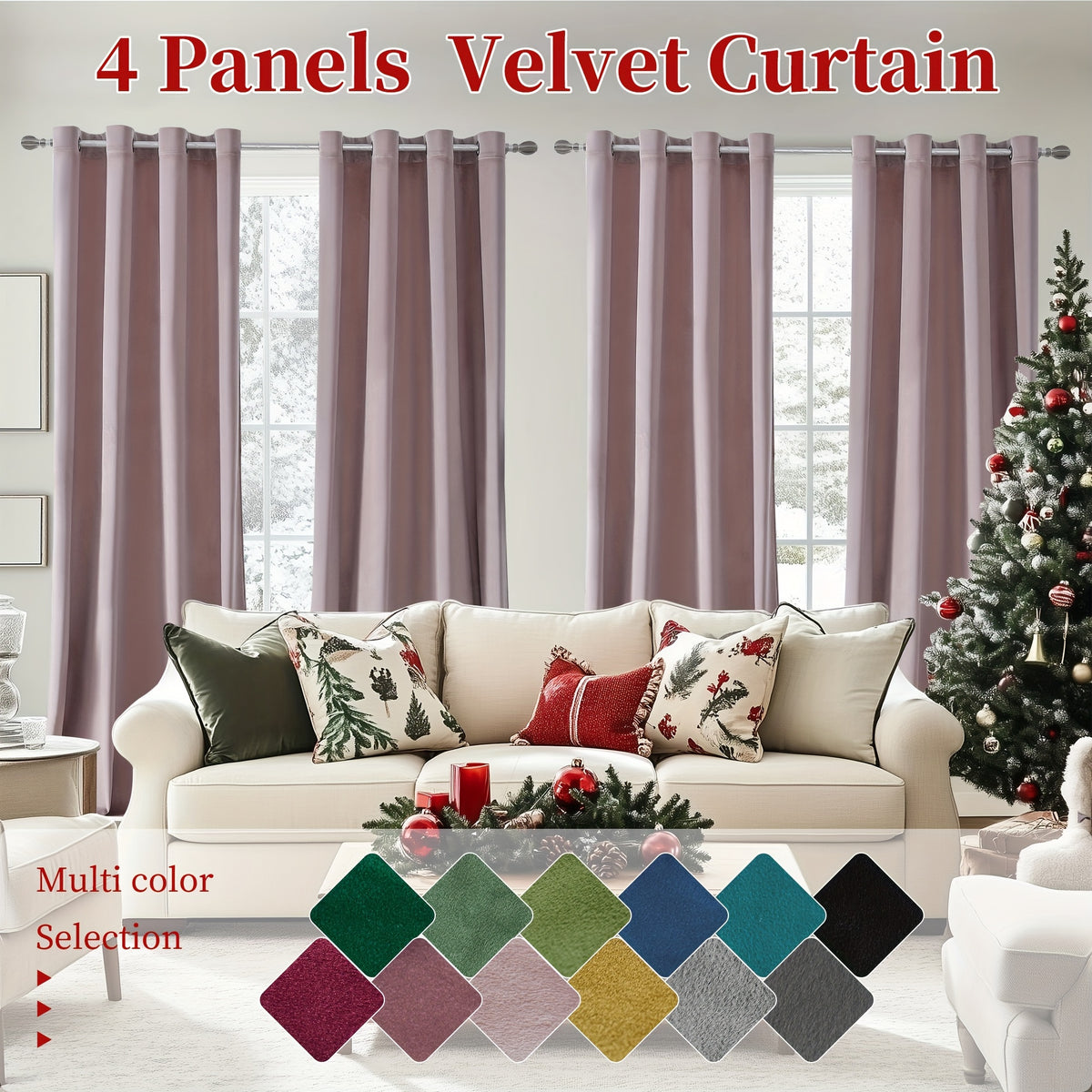 Blackout Velvet Curtains 4 Panels - Thermal Insulated Grommet Drapes, Noise Reducing Soft Window Curtains for Living Room Bedroom, Multiple Sizes & Colors