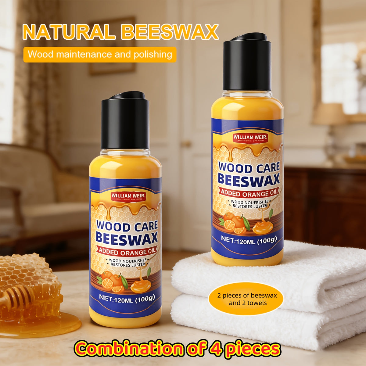 Beeswax Polish Kit 6.76oz with Maintenance Towels Professional Wood Wax Repair Lotion – For Wooden Furniture Floors Guitars Crafts Bracelet Care