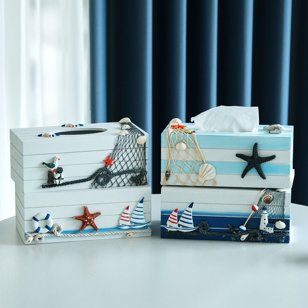 Nautical Tissue Box Cover Coastal Decor - Decorative Wood Tissue Dispenser with Rope & Sailboat Detail, Beach Theme Tissue Holder for Living Room, Bathroom & Office, Mediterranean Style Home Accent