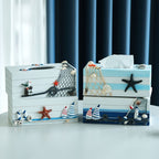 Nautical Tissue Box Cover Coastal Decor - Decorative Wood Tissue Dispenser with Rope & Sailboat Detail, Beach Theme Tissue Holder for Living Room, Bathroom & Office, Mediterranean Style Home Accent