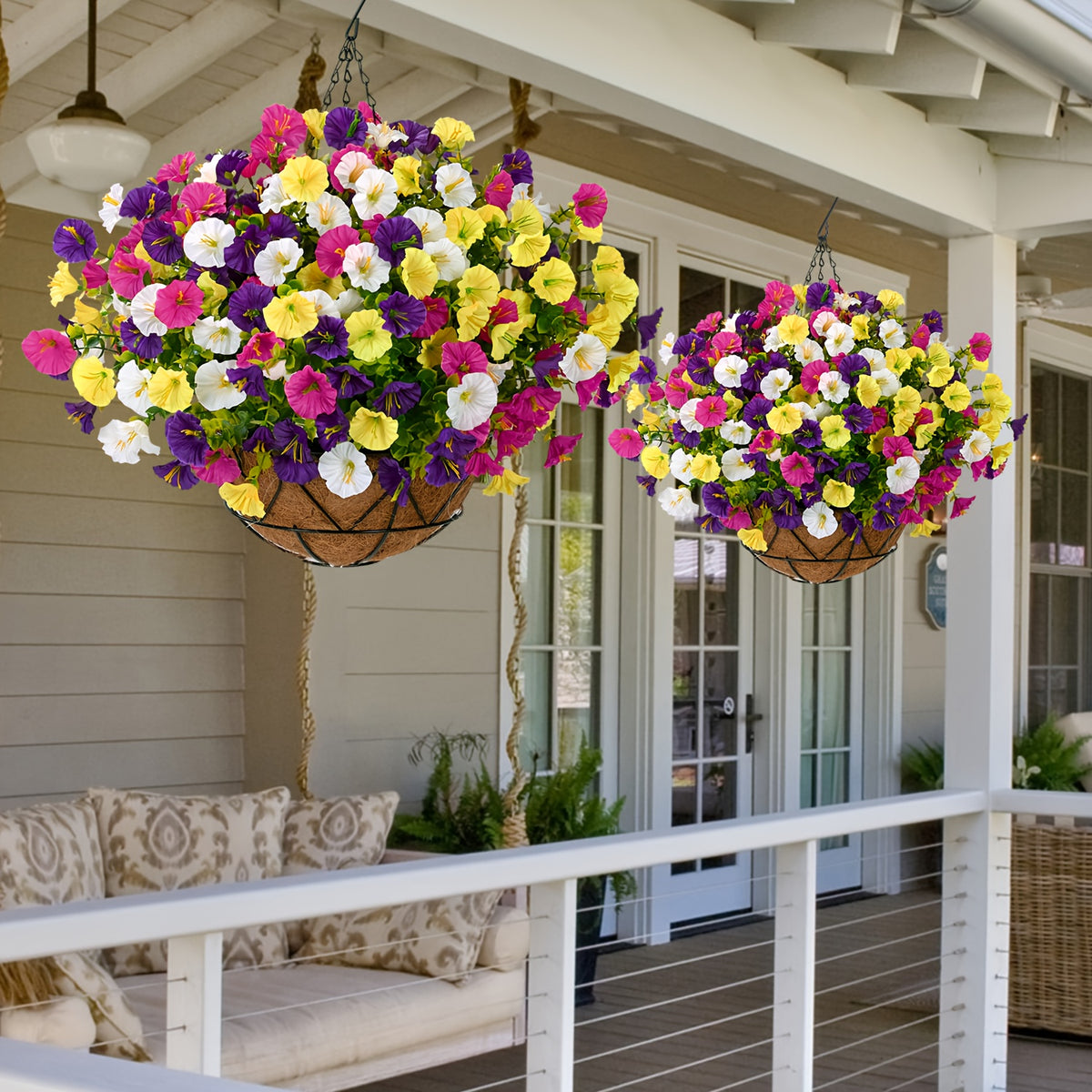 UV-Resistant Artificial Hanging Flowers with Container – Fake Petunia Hanging Plants in 6 Colors, Realistic Faux Blooms for Outdoor Garden, Patio, Porch, Balcony Railing, Wedding & Mother’s Day Decor