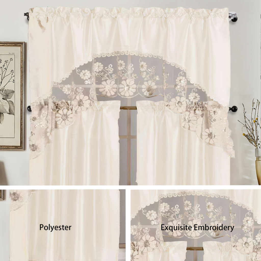 Kitchen Curtains 3 Piece Set with Valance and 2 Tiers – Faux Embroidery Semi-Sheer Rod Pocket Cafe Curtains for Kitchen Window, Dining Room, Bathroom, Lightweight Machine Washable