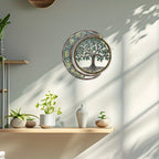 Moon & Green Tree Iron Wall Sculpture 15.75×15.75 Inch – Art Deco Metal Wall Hanging Decor for Home, Patio, Yoga Studio & Teahouse, Holiday Gift for Wedding, Christmas, Thanksgiving & Halloween