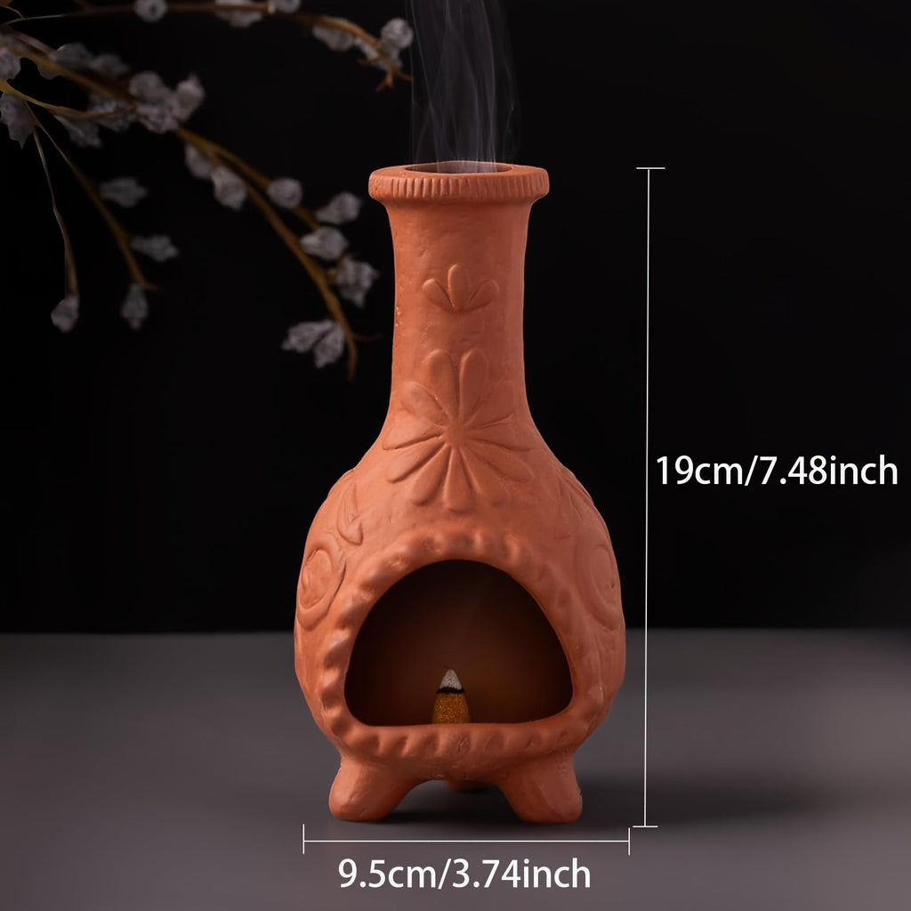 Ceramic Chiminea Incense Holder with Palo Santo Design – Handcrafted Terracotta Mini Chiminea Stick Burner for Meditation, Altar & Purification | Sage Texture Base