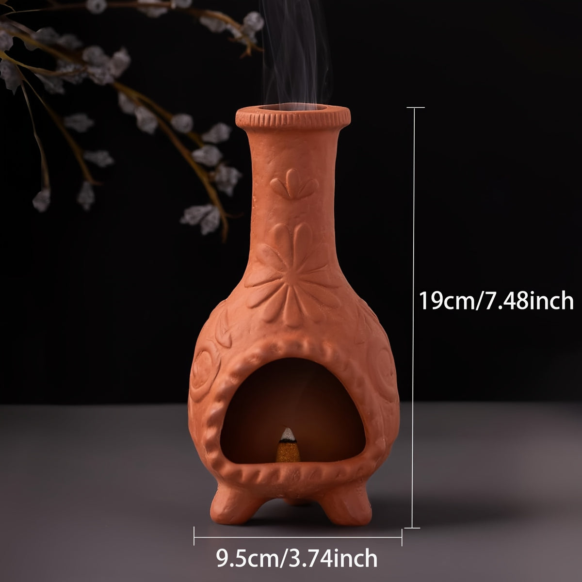 Ceramic Chiminea Incense Holder with Palo Santo Design – Handcrafted Terracotta Mini Chiminea Stick Burner for Meditation, Altar & Purification | Sage Texture Base