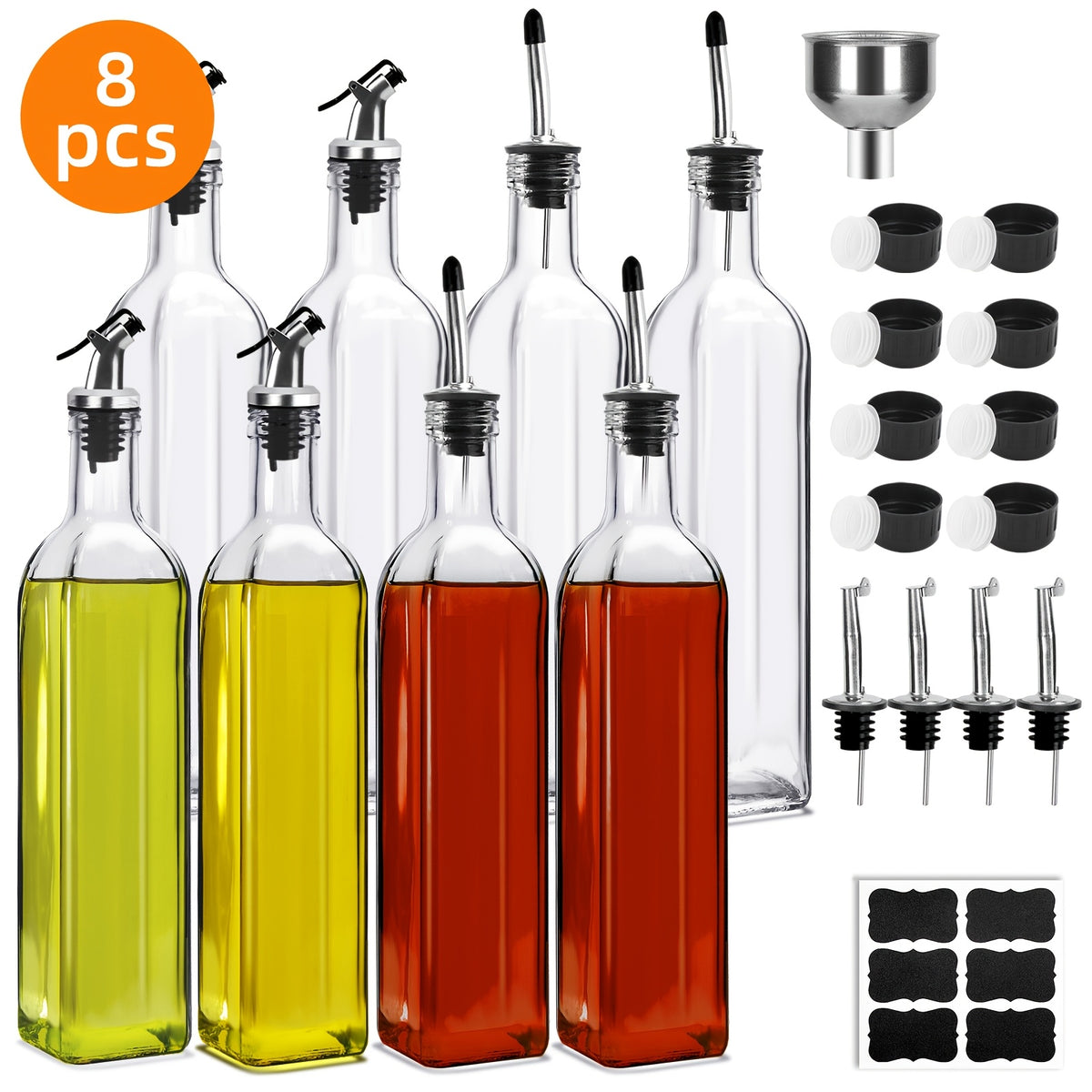 Glass Oil Dispenser Bottles Set 4/8pcs, 17oz Square Borosilicate Glass Olive Oil & Vinegar Dispenser with Spout, Funnel, Labels & Lids, Kitchen Condiment Containers for Home, Restaurant & Outdoor