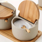 Ceramic Seasoning Pot Set with Tray Lid and Spoon Salt Pepper Spice Jars Kitchen Condiment Containers for Countertop Storage Set of 2 or 3