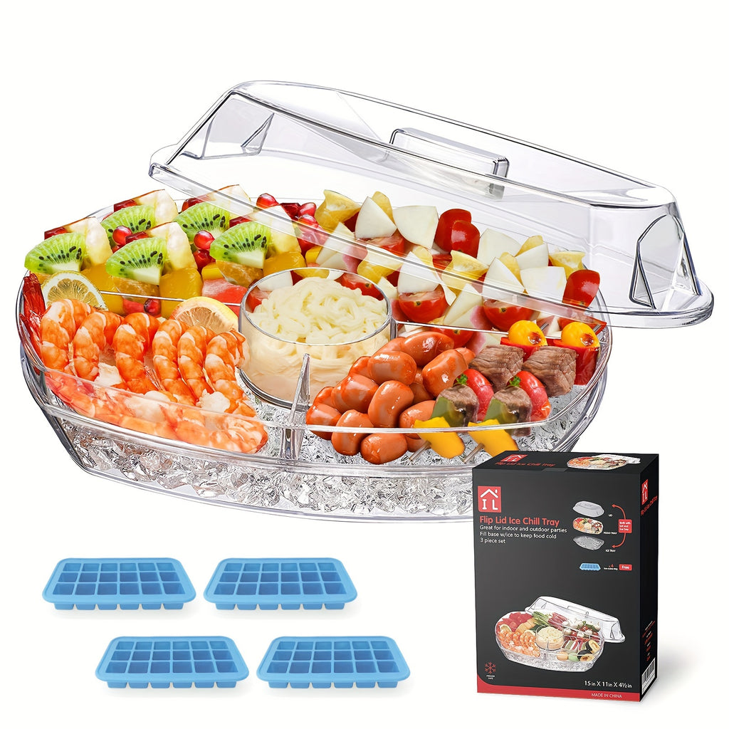 Chilled Serving Tray on Ice with Lid 15 Inch Clear Party Platter with Forks and Pliers for Shrimp Fruit Vegetables Salad Sushi Appetizer Display